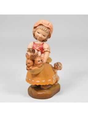 Anri Juan Ferrandiz Bundle of Joy Girl Bunny Rabbits 3" Carved Wood Sculpture
